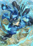  blurry blurry_foreground body_fur digitigrade energy fighting_stance from_above furrowed_eyebrows gen_4_pokemon highres legs_apart looking_to_the_side lucario no_humans paws pokemon pokemon_(creature) red_eyes ripples shiny snout solo spareribs spikes standing wading water water_drop yellow_fur 