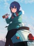  1girl bangs bare_tree black_pants blue_hair blue_sky bottle closed_mouth clouds commentary_request day eyebrows_visible_through_hair green_jacket ground_vehicle hand_in_pocket hand_up headwear_removed helmet helmet_removed highres hinami047 holding holding_bottle jacket long_sleeves looking_at_viewer motor_vehicle outdoors pants red_eyes scooter shima_rin sky sleeves_past_wrists solo tree yurucamp 
