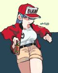  1girl absurdres bangs belt breasts bulma can cowboy_shot dragon_ball highres holding holding_can jacket large_breasts long_hair red_jacket shirt shirt_tucked_in shorts signature smile solo white_shirt whoopsatro yellow_shorts 