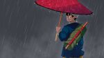  1boy bandages black_eyes black_hair closed_mouth dragon_ball dragon_ball_(classic) highres holding holding_umbrella horang4628 japanese_clothes kimono looking_at_viewer looking_back male_focus rain smile solo son_goku staff standing umbrella 