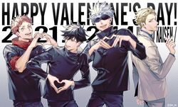  4boys bangs black_eyes black_hair black_jacket black_pants blindfold blonde_hair blue_eyes brown_eyes closed_mouth copyright_name covered_eyes cowboy_shot dated facial_mark facing_viewer formal fushiguro_megumi gakuran gojou_satoru hair_between_eyes hand_up hands_up happy_valentine heart heart_hands high_collar highres hood hood_down hoodie itadori_yuuji jacket jujutsu_kaisen jyun_xix long_sleeves looking_at_another looking_at_viewer multiple_boys nanami_kento open_mouth pants pink_hair red_hoodie school_uniform short_hair sleeves_rolled_up smile spiky_hair standing suit teeth undercut white_background white_hair white_jacket white_pants white_suit 