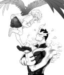  2boys absurdres bodysuit boku_no_hero_academia character_doll child covered_abs facial_hair feathered_wings fire flying full_body greyscale hawks_(boku_no_hero_academia) helen_roro highres male_focus mature_male monochrome multiple_boys muscular muscular_male pectorals short_hair sideburns spiky_hair stubble todoroki_enji upper_body vambraces wings younger 
