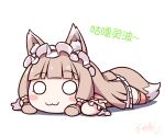  1girl :3 animal_ear_fluff animal_ears bangs blush_stickers brown_hair chibi closed_mouth dress eyebrows_visible_through_hair frilled_dress frilled_sleeves frills full_body langbazi long_hair lying maho_(princess_connect!) o_o on_stomach princess_connect! princess_connect!_re:dive shadow signature solo tail translation_request very_long_hair white_background 
