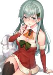  1girl bare_shoulders blush breasts detached_collar detached_sleeves eyebrows_visible_through_hair green_eyes green_hair hair_between_eyes hair_ornament hairclip highres kamidanomi kantai_collection large_breasts long_hair open_mouth sack santa_costume simple_background solo suzuya_(kancolle) white_background 