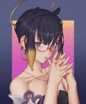  alternate_hairstyle collarbone dress fingers_together glasses gradient gradient_background halo highres hololive hololive_english jewelry looking_at_viewer mole mole_under_eye necklace neon_luminous ninomae_ina&#039;nis strapless strapless_dress teeth tentacle_hair 