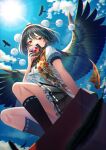  1girl bird black_hair black_legwear black_skirt black_wings breasts camera chromatic_aberration clouds commentary_request crow day feathered_wings feathers hat holding holding_camera leaf_print looking_at_viewer outdoors pom_pom_(clothes) print_scarf red_eyes red_headwear scarf shameimaru_aya shirt short_hair short_sleeves sitting skirt socks solo sun tokin_hat touhou unowen white_shirt wings 
