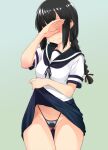  1girl breasts collarbone covered_eyes covering_eyes highres kantai_collection kawamura_tsukasa medium_breasts panties sailor_collar school_uniform serafuku shaded_face short_sleeves skirt skirt_lift solo underwear 