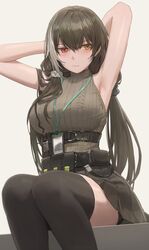  1girl absurdres armpits arms_behind_head arms_up bangs belt black_legwear black_skirt blush breasts brown_hair duplicate free_style_(yohan1754) girls_frontline grey_shirt heterochromia highres id_card lanyard large_breasts long_hair looking_to_the_side multicolored_hair pouch red_eyes ro635_(girls_frontline) shirt sitting skirt sleeveless sleeveless_shirt streaked_hair thigh-highs turtleneck twintails white_hair yellow_eyes 