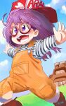  1girl :d baseball_cap blue_sky boots brown_footwear day dr._slump glasses halftone hat highres norimaki_arale open_mouth outdoors outstretched_arms purple-framed_eyewear purple_hair red_headwear running ryusei_hashida shirt sky smile solo spread_arms striped striped_shirt violet_eyes yellow_overalls 