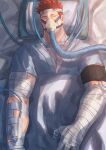  1boy bandaged_arm bandages beard bed boku_no_hero_academia covered_mouth cowboy_shot facial_hair highres hospital_bed hospital_gown lying male_focus mature_male muscular muscular_male on_back pectorals rama_0722 redhead scar scar_across_eye short_hair sideburns sleeping solo spiky_hair stubble todoroki_enji 