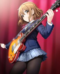  1girl bangs black_legwear blue_jacket blue_ribbon blue_skirt blush brown_eyes brown_hair closed_mouth electric_guitar eyebrows_visible_through_hair from_below guitar hair_between_eyes hair_ornament hairclip highres hirasawa_yui holding instrument jacket k-on! long_sleeves looking_at_viewer looking_down music pantyhose playing_instrument popuru red_background red_curtains ribbon sakuragaoka_high_school_uniform school_uniform short_hair skirt smile solo stage_curtains standing 