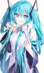  1girl bangs bare_shoulders blue_eyes blue_hair blush breasts detached_sleeves grin hatsune_miku irohatomo long_hair looking_at_viewer necktie simple_background skirt smile solo very_long_hair vocaloid white_background 