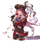  1boy aoidos boots closed_eyes cravat cropped_legs flower granblue_fantasy hat hat_feather long_hair male_focus minaba_hideo official_art petals pirate_costume pirate_hat redhead rose solo thigh-highs thigh_boots transparent_background white_day 