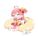  1girl 35p_(sakura_miko) ahoge baby bell blush cherry_blossom_print floral_print green_eyes hair_bell hair_ornament hairclip hololive machico pacifier paw_print_pattern pink_hair sakura_miko stuffed_animal stuffed_toy virtual_youtuber white_background x_hair_ornament younger 