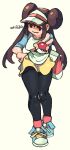  1girl absurdres black_legwear brown_hair double_bun full_body highres holding holding_poke_ball legwear_under_shorts long_hair pantyhose parted_lips poke_ball poke_ball_(basic) pokemon pokemon_(game) pokemon_bw2 raglan_sleeves rosa_(pokemon) shadow shoes shorts signature simple_background smile solo standing twintails very_long_hair visor_cap whoopsatro yellow_background yellow_shorts 