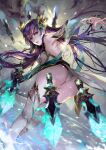  1girl absurdres armpits ass backless_outfit bangs blue_eyes breasts detached_sleeves from_behind headgear highres irelia knife league_of_legends long_hair looking_at_viewer looking_back outstretched_arm parted_lips purple_hair sash solo thigh-highs vardan weapon 