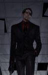  1boy black_eyepatch black_gloves black_hair black_neckwear black_pants black_suit ceiling cigarette dagger eyebrows eyepatch facial_hair formal gloves goatee hand_in_pocket holding holding_dagger holding_weapon jiao_mao looking_at_viewer majima_gorou necktie pants red_shirt ryuu_ga_gotoku ryuu_ga_gotoku_4 shirt short_hair weapon 