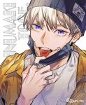  1boy bangs beanie black_headwear blonde_hair character_name facial_tattoo hand_up hat highres inumaki_toge jacket jewelry jujutsu_kaisen jyun_xix looking_at_viewer male_focus mask mask_pull mouth_mask open_mouth ring shirt short_hair solo tattoo tongue tongue_out tsurime twitter_username upper_body violet_eyes white_background white_shirt yellow_jacket 