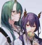  2girls arknights bangs blue_hair candy ch&#039;en_(arknights) collared_shirt dragon_horns food green_hair grey_background hair_between_eyes highres horns hoshiguma_(arknights) in_mouth lollipop long_hair loose_necktie low_tied_hair lyas multiple_girls necktie oni_horns red_eyes scar shirt suspenders white_shirt yellow_eyes 