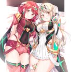  2girls bangs bare_legs bare_shoulders black_gloves blonde_hair breasts chest_jewel cleavage_cutout clothing_cutout dress earrings elbow_gloves fingerless_gloves gloves jewelry large_breasts long_hair mythra_(xenoblade) pyra_(xenoblade) red_eyes red_legwear red_shorts redhead shiitake_taishi short_dress short_hair short_shorts shorts super_smash_bros. swept_bangs thigh-highs thigh_strap tiara very_long_hair white_dress white_gloves xenoblade_chronicles_(series) xenoblade_chronicles_2 yellow_eyes 