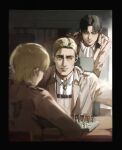  3boys absurdres armin_arlert black_hair blonde_hair blue_eyes board_game chess chessboard erwin_smith highres indoors levi_(shingeki_no_kyojin) male_focus multiple_boys open_mouth paradis_military_uniform shingeki_no_kyojin short_hair smile table thisuserisalive 