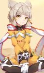  1girl absurdres animal_ears bangs blunt_bangs bodysuit breasts cat_ears facial_mark gloves highres indian_style kiiro_kimi nia_(xenoblade) short_hair silver_hair sitting small_breasts solo white_gloves xenoblade_chronicles_(series) xenoblade_chronicles_2 yellow_bodysuit yellow_eyes 