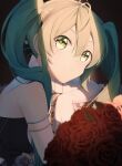  1girl absurdres ahoge armlet bangs black_hairband closed_mouth elbow_gloves flower gloves green_eyes green_hair hair_between_eyes hairband hatsune_miku highres huge_filesize long_hair red_flower red_rose rose sleeveless solo starlan twintails upper_body vocaloid white_gloves 