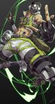  1boy \n/ abs apex_legends belt black_belt cropped_vest glowing glowing_eyes goggles green_vest grey_shorts highres looking_down male_focus mask mechanical_legs midriff mouth_mask navel octane_(apex_legends) prosthesis prosthetic_leg senobi_(senoby) shorts solo vest 