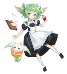  1girl :t absurdres animal_ears apron bangs black_dress black_footwear bow cherry closed_mouth commentary_request crying crying_with_eyes_open cupcake dress eating food fork fruit gloves green_hair hair_ornament hat highres holding kneehighs laon league_of_legends long_hair looking_at_viewer lulu_(league_of_legends) magical_girl maid maid_apron plate puffy_short_sleeves puffy_sleeves purple_hair shoes short_hair short_sleeves simple_background smile standing standing_on_one_leg star_guardian_(league_of_legends) star_guardian_lulu tears two_side_up white_apron white_background white_legwear yordle 