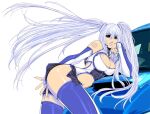  1girl arm_tattoo bangs breasts car clenched_hand clothing_cutout detached_sleeves eyebrows_visible_through_hair floating_hair ground_vehicle himegami_gadget kikuchi_michitaka large_breasts leaning_forward long_hair motor_vehicle navel official_art parted_lips silver_hair skindentation smile solo stomach_cutout subaru_impreza tattoo thigh-highs twintails 