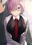  1girl black-framed_eyewear black_shirt blush closed_mouth fate/grand_order fate_(series) glasses grey_sleeves hair_over_one_eye hand_on_wall highres jacket looking_at_viewer mash_kyrielight memero_7272 necktie purple_hair red_neckwear shirt short_hair solo_focus upper_body violet_eyes wet wet_clothes 