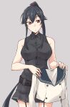  1girl bangs black_hair black_shirt black_skirt breasts closed_mouth eyebrows_visible_through_hair grey_background highres holding kantai_collection large_breasts long_hair pleated_skirt ponytail red_eyes rindou_(rindou_annon) shirt sidelocks simple_background skirt sleeveless sleeveless_shirt solo very_long_hair yahagi_(kancolle) 