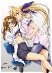  2girls ass black_legwear blonde_hair blue_eyes blush breasts brown_hair grin hair_ornament hair_ribbon large_breasts long_hair lyrical_nanoha mahou_shoujo_lyrical_nanoha_vivid midriff multiple_girls navel nurse open_mouth pantyhose ponytail ribbon san-pon shiny shiny_hair simple_background smile stethoscope under_boob vivio white_background yagami_hayate yuri 