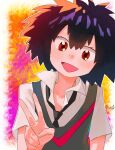  1girl :d black_neckwear blush border grey_vest halftone hand_up head_tilt highres necktie open_mouth peni_parker photoshop_(medium) purple_hair red_eyes ryusei_hashida school_uniform shirt short_sleeves signature smile solo spider-man:_into_the_spider-verse spider-man_(series) upper_body v vest white_border white_shirt 