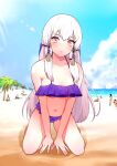  1girl alternate_costume bangs bare_shoulders beach bikini blue_sky blush breasts closed_mouth collarbone commentary day dip_art english_commentary fingernails fire_emblem fire_emblem:_three_houses frilled_bikini frilled_swimsuit frills hair_between_eyes hair_ornament highres horizon kneeling light_rays lips long_hair looking_at_viewer lysithea_von_ordelia nail navel ocean outdoors palm_tree pink_eyes purple_bikini purple_swimsuit sand shadow sky small_breasts sunlight swimsuit tree veil water wet white_hair 