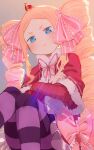  1girl bangs beatrice_(re:zero) blonde_hair blue_eyes blush bow butterfly-shaped_pupils closed_mouth coat crossed_arms crown drill_hair feet_out_of_frame frilled_bow frills fur_collar grey_background hair_bow highres looking_at_viewer mini_crown pantyhose parted_bangs pink_bow pink_pupils pink_ribbon purple_legwear re:zero_kara_hajimeru_isekai_seikatsu red_coat ribbon ryusei_hashida sitting solo striped striped_legwear twin_drills twintails x_x 