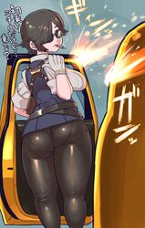  1girl absurdres ass belt black-framed_eyewear breasts brown_eyes cigarette commentary_request glasses hair_over_one_eye highres large_breasts looking_at_viewer looking_back minami_aomori original pants pantylines solo thick_thighs thighs tight tight_pants translation_request 