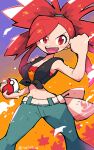  1girl absurdres breasts denim eyebrows_visible_through_hair flannery_(pokemon) gym_leader hair_tie highres jeans looking_at_viewer pants poke_ball pokemon pokemon_(creature) pokemon_(game) pokemon_gsc pokemon_rse ponytail rariatto_(ganguri) red_eyes redhead smile solo 