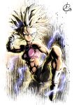  1girl abs benoit_picard black_shorts blonde_hair blue_eyes bra_(dragon_ball) dragon_ball dragon_ball_multiverse electricity fighting_stance gloves highres muscular muscular_female pink_tank_top serious shorts solo spiky_hair super_saiyan super_saiyan_2 tank_top white_gloves 