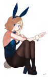  1girl animal_ears blonde_hair blue_bow blue_eyes blue_footwear blue_hairband blue_leotard blue_theme blush bow bowtie breasts brown_legwear bunny_tail closed_mouth detached_collar fake_animal_ears fake_tail fingernails from_side full_body hairband hand_up high_heels highres leotard looking_at_viewer looking_to_the_side medium_breasts medium_hair original pantyhose playboy_bunny rabbit_ears ryusei_hashida simple_background skindentation solo strapless strapless_leotard tail v white_background wrist_cuffs 