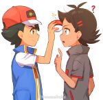  2boys ? antenna_hair artist_name ash_ketchum bangs baseball_cap black_hair blue_eyes blue_jacket brown_eyes brown_hair closed_mouth commentary_request eye_contact from_side goh_(pokemon) grey_shirt hand_up hat holding holding_poke_ball jacket looking_at_another male_focus multiple_boys open_mouth poke_ball poke_ball_(basic) pokemon pokemon_(anime) pokemon_swsh_(anime) shirt short_sleeves sleeveless sleeveless_jacket star_(symbol) sweatdrop watermark white_shirt ze_(0enmaitake) 