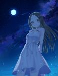  1girl brown_eyes brown_hair dress hanavvi highres karakai_jouzu_no_takagi-san long_hair looking_at_viewer night night_sky sky smile solo star_(sky) sundress takagi-san 