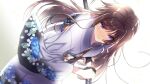  1girl bangs brown_hair highres japanese_clothes long_hair makishima_azusa muvluv muvluv_alternative simple_background smile sword takamura_yui violet_eyes weapon 