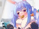  1girl animal_ear_fluff animal_ears bangs black_gloves black_leotard blue_hair blurry blurry_background blush braid bunny-shaped_pupils carrot_hair_ornament closed_mouth cookie depth_of_field don-chan_(usada_pekora) eyebrows_visible_through_hair food_in_mouth food_themed_hair_ornament gloves hair_between_eyes hair_ornament hands_up highres hololive leotard long_hair looking_away looking_to_the_side magowasabi mouth_hold rabbit_ears red_eyes short_eyebrows signature strapless strapless_leotard sweat thick_eyebrows twin_braids twintails twitter_username upper_body usada_pekora virtual_youtuber white_hair 