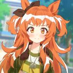  1girl animal_ears bangs black_ribbon blurry blurry_background blush brown_eyes chobi_(penguin_paradise) closed_mouth depth_of_field ear_ribbon eyebrows_visible_through_hair fur-trimmed_jacket fur_trim green_jacket highres horse_ears jacket long_hair looking_at_viewer mayano_top_gun open_clothes open_jacket orange_hair ribbon shirt smile solo striped striped_shirt two_side_up umamusume upper_body very_long_hair 