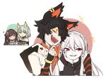  1boy 3girls aak_(arknights) albino animal_ear_fluff animal_ears arknights bare_shoulders brown_hair cat_boy cat_ears dress flower folinic_(arknights) furry green_dress green_eyes green_hair hair_flower hair_ornament kal&#039;tsit_(arknights) laughing long_hair lynx_ears lynx_girl mongoose_ears multiple_girls pointy_ears red_eyes short_hair speckticuls vampire warfarin_(arknights) white_hair yellow_eyes 