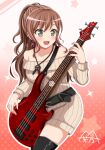  1girl :d bang_dream! bangs bare_shoulders bass_guitar beige_dress belt black_belt black_footwear blush boots brown_hair bunny_earrings collarbone commentary_request cowboy_shot dress earrings esp_guitars eyebrows_visible_through_hair gradient gradient_background green_eyes hair_between_eyes half_updo highres imai_lisa instrument jewelry long_hair long_sleeves medium_hair music off-shoulder_dress off_shoulder official_style open_mouth partial_commentary playing_instrument polka_dot polka_dot_background red_background ribbed_dress sidelocks signature smile solo sparkle standing starry_background thigh-highs thigh_boots yoshino_yamato zettai_ryouiki 