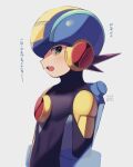  1boy arms_at_sides artist_name black_bodysuit blue_headwear bodysuit brown_hair commentary_request dated green_eyes grey_background helmet highres looking_at_viewer male_focus netnavi open_mouth profile rockman rockman_exe rockman_exe_(character) short_hair simple_background solo translation_request twitter_username upper_body upper_teeth zero-go 