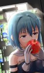  1girl apple blue_eyes blue_hair cape food fruit gloves highres holding holding_food holding_fruit looking_at_viewer magical_girl mahou_shoujo_madoka_magica miki_sayaka monznyan red_apple short_hair solo white_gloves 