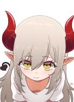  1girl blush curled_horns demon_girl demon_horns demon_tail downblouse emma_august eyebrows_visible_through_hair eyeharmheart from_above grey_hair hair_between_eyes highres horns long_hair looking_at_viewer nijisanji pointy_ears red_horns shirt signature simple_background solo star-shaped_pupils star_(symbol) symbol-shaped_pupils t-shirt tail virtual_youtuber white_background white_shirt yellow_eyes 